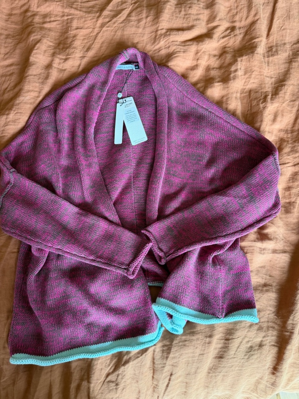 Women’s Pink Open-Front Knit Cardigan with Mint Trim